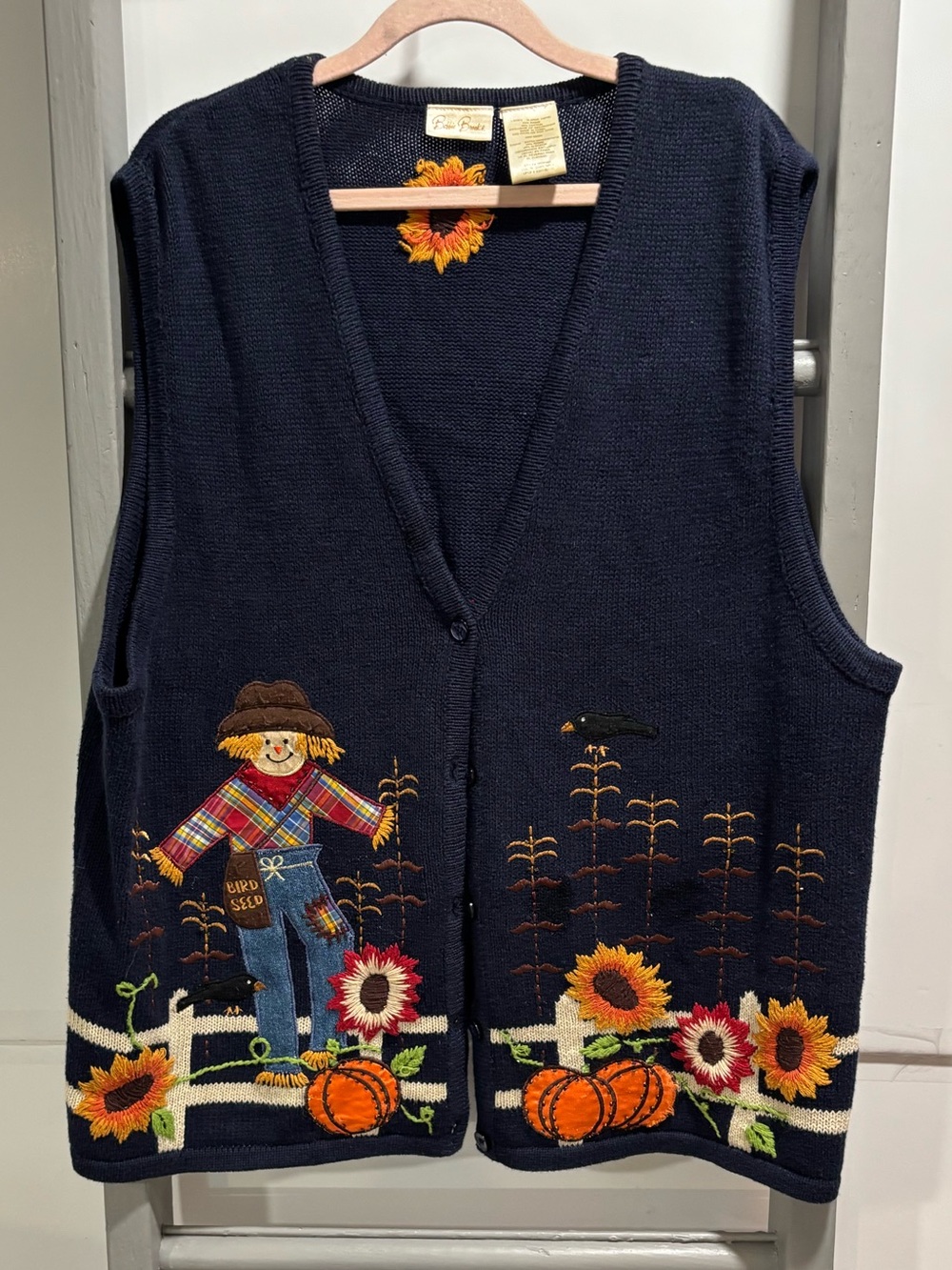 Vintage Embroidered Fall Scarecrow sweater vest, pumpkin, cottagecore, grandma